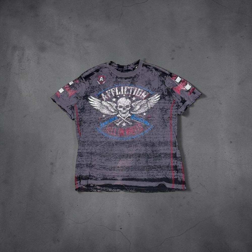 Affliction American Customs Hell on Wheels Skull Winged Graphic T-Shirt aop L